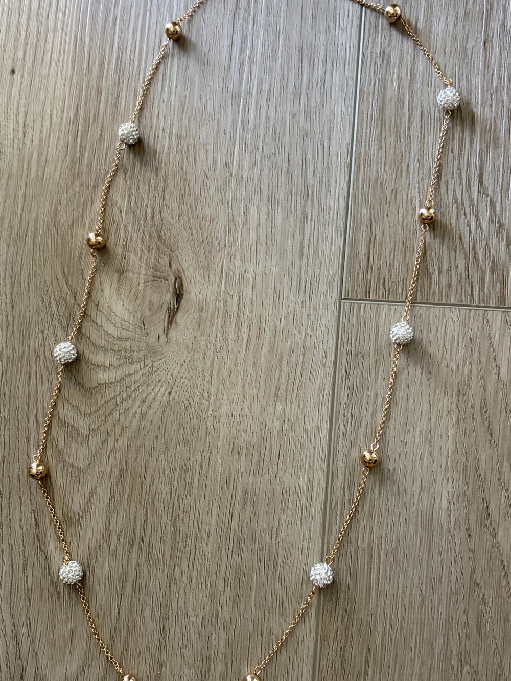 Gold Beaded Station Necklace with White Pavé Spheres - Picture 3 of 7
